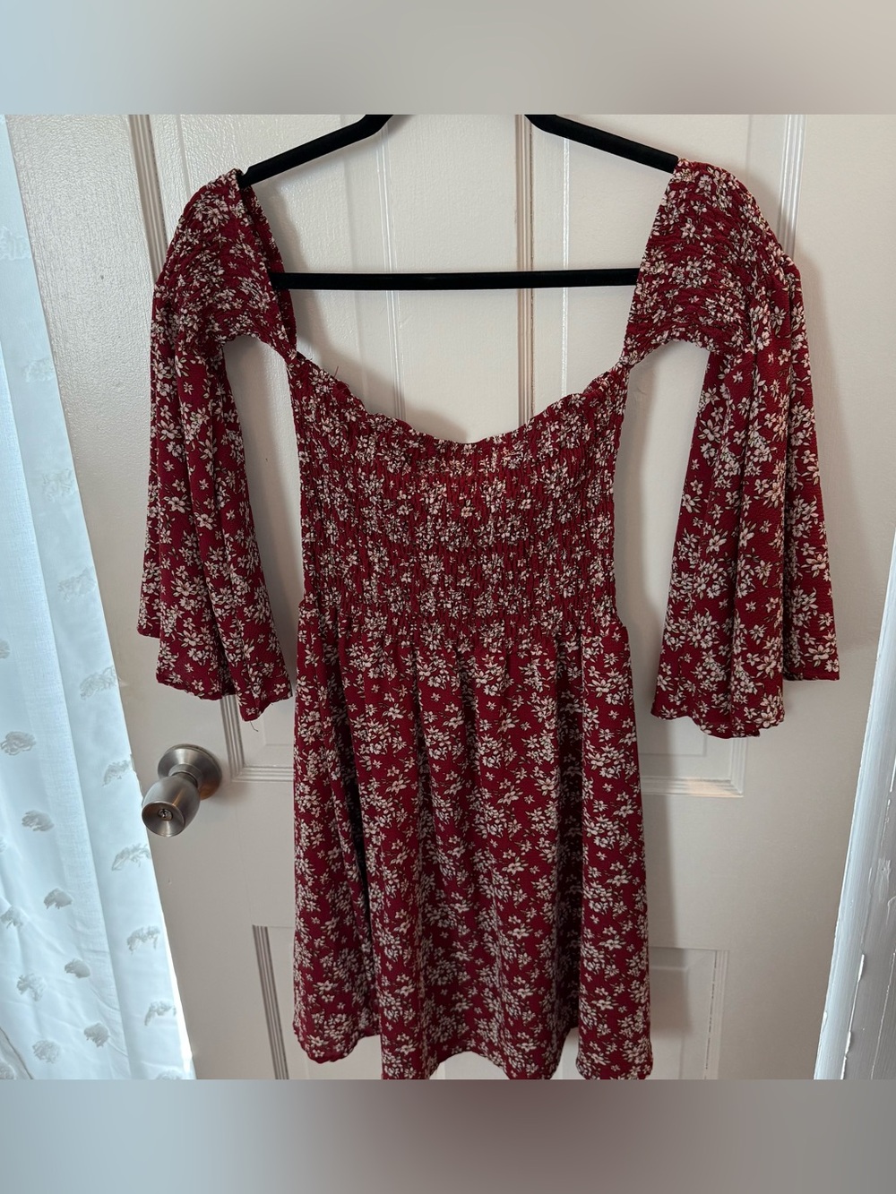 Floral Off-Shoulder Smocked Mini Dress in Burgundy